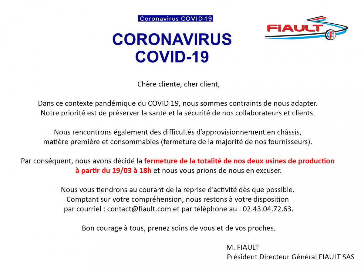 Fermeture exceptionnelle suite à la pandémie covid 19 à partir du 19/03 à 18h, reprise suivant évolution