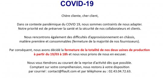 Fermeture exceptionnelle suite à la pandémie COVID 19 à partir du 19/03 à 18h, reprise suivant évolution