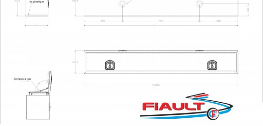 A stainless steel toolbox with top opening over the entire width fitted on the front of equipment